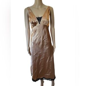 Cinema Etoile Vintage 90s Honey Gold Black Silky Satin Lingerie Maxi Slip Dress